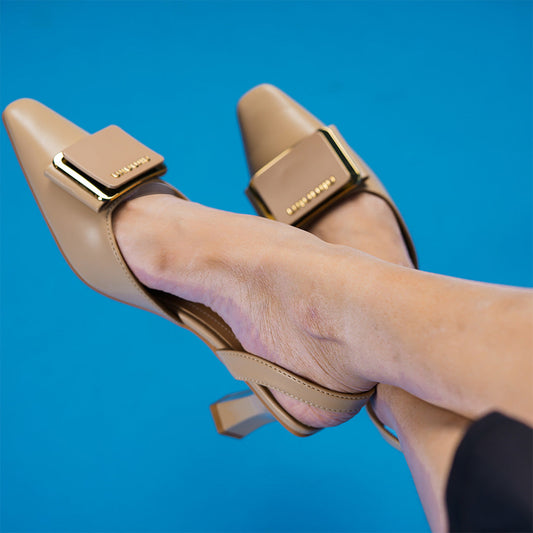 Beige Metallic Block heels